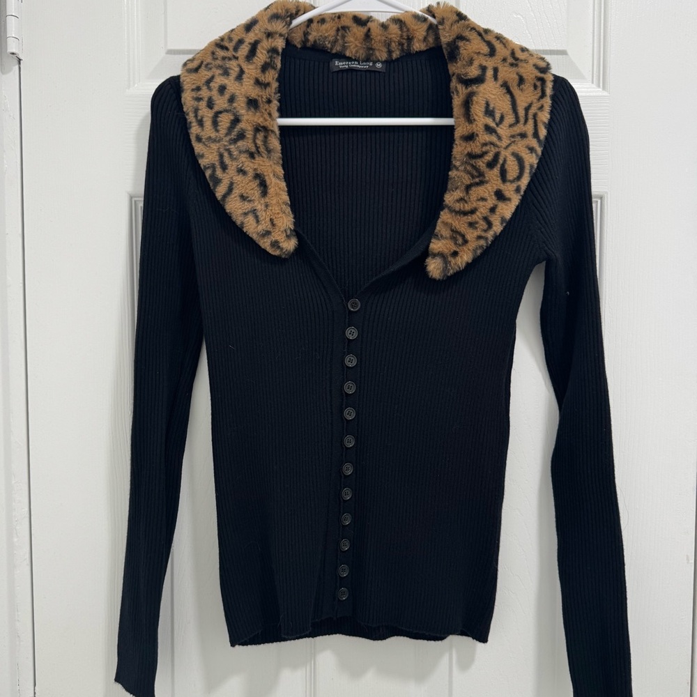 Emerson Lang Black and Brown Cardigan with faux fur collar